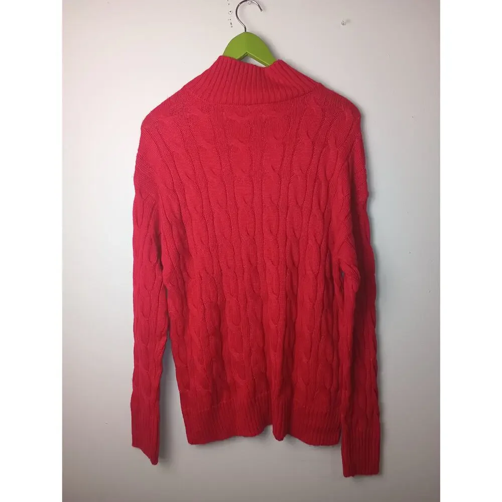 Women's Cable Knit Mock‎ Neck Sweater Red Gem Detail Long sleeve Large Petite